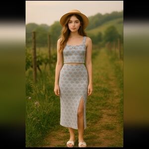 Live to Be Spoiled Blue Pink Floral Long Slit Skirt With Matching Crop Tank L